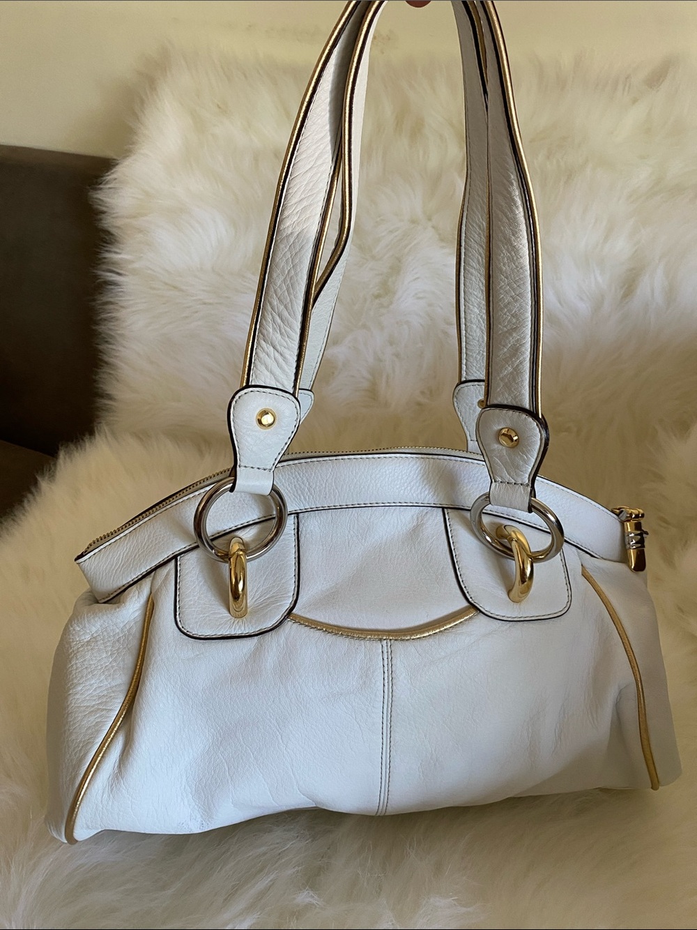 B Makowski White Leather Tote with Plum Interior and Gold/Silver Hardware
